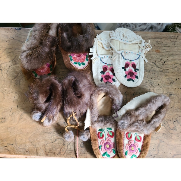 Fur and Beading Trimmed Moccasins x4 Pairs , 10 L Largest Pair Others Smaller