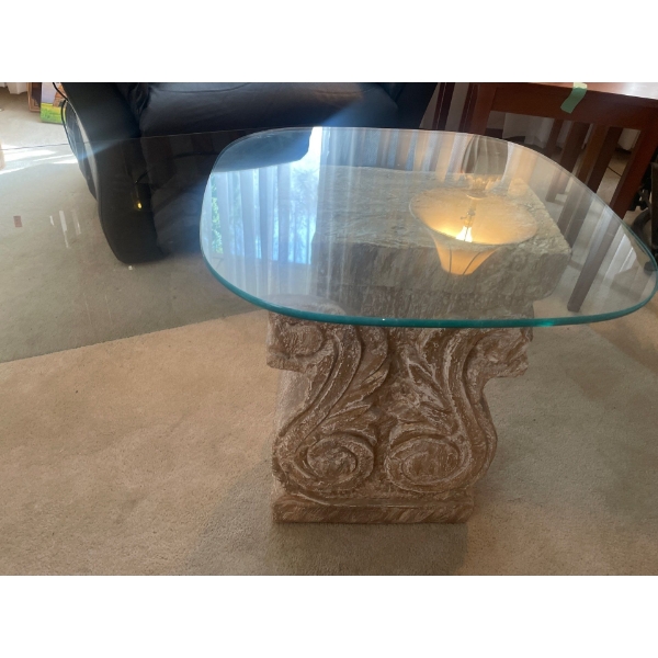 Stone End Table with two different Glass Tops 20  High
