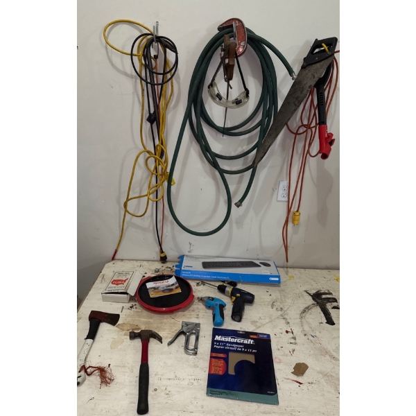Misc. Garage Tool Collection - Cords, Reheatza, Broad Band Model DA7524, Sandpaper, Drill 
