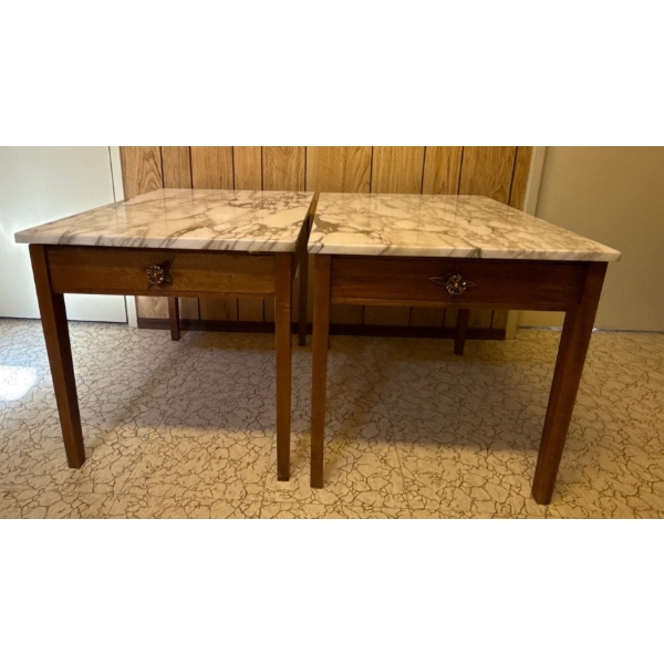 Pair of Marble Top Wood Tables (One Top Needs to be Glued Back On) - 27W, 21D, 22T 