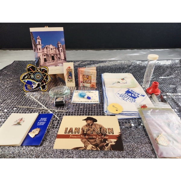Variety Box !! A collection of memorabilia includes Canadian Musician Ian Tyson, pins, linens, etc 