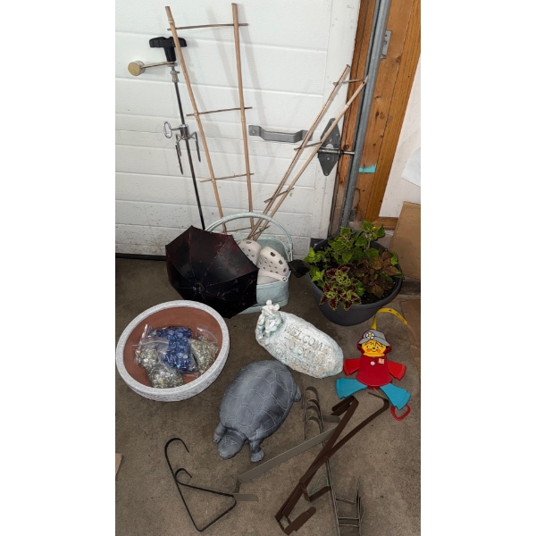 Outdoor Essentials - Large Perennial Mixed Planter w/ Metal Umbrella Garden Stones & more