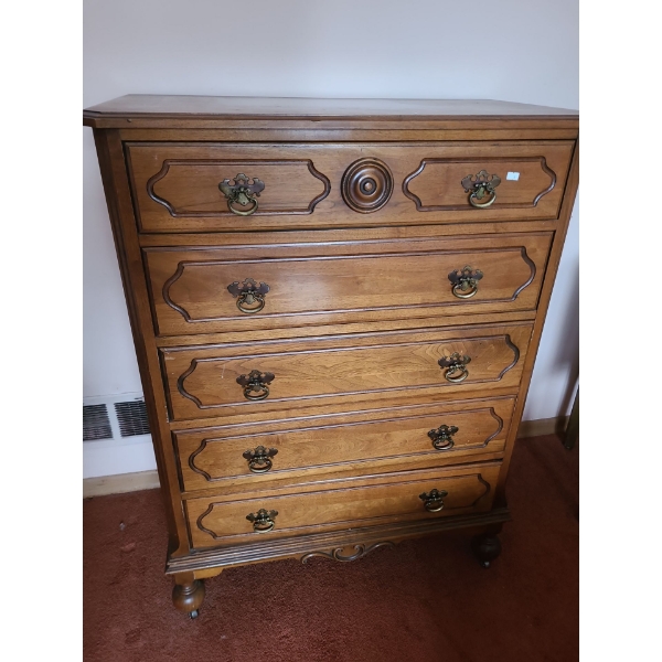 5 Drawer Wooden Dresser  with Wheels  45 T, 34 L, 18 W