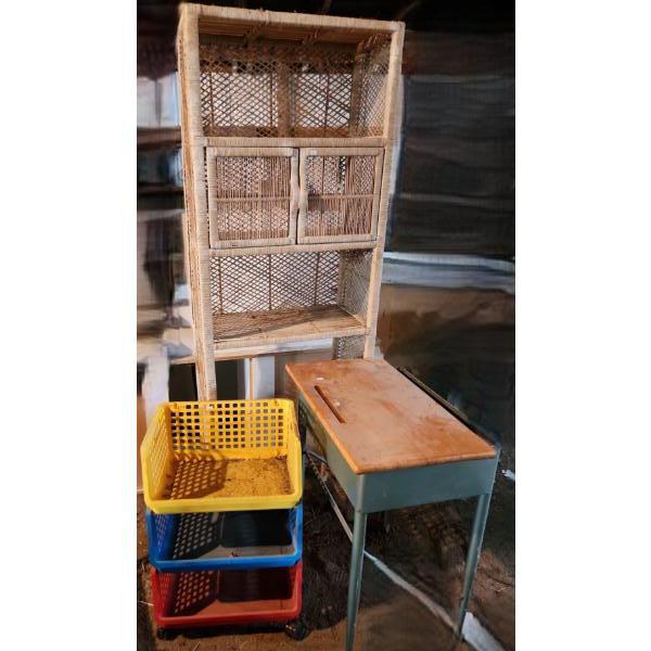 Vintage Desk w/ Hinged Wooden Lid 25 W, 158 D, 31 T, Wicker Self 25 W, 12 D, 71 T and Garage Bins