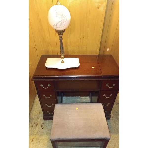 Woden Desk w/ Stool Plus  Lamp; Desk Opens Long & Contains Super Sew Sewing Machine -- 36W, 17D, 31T