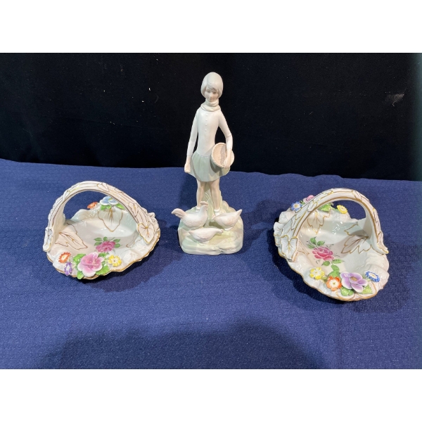 Pair of Porcelain Floral Baskets and Standing Figure