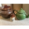 Image 3 : 4 antique whiskey jugs with two small Medalta pieces of vintage pottery and a vintage green enamel t