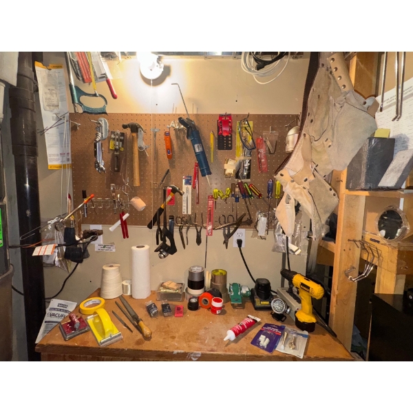 Cupboard Under the Stairs Tools #2 Including Dewalt Drill and Leather Tool Pouch