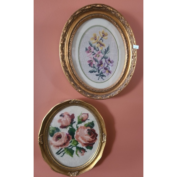 Pair of Framed Needlepoint Flowers 10 X 12