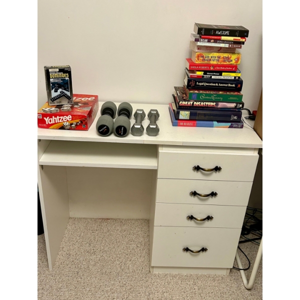 Small White Desk w/Stack of Books, Weights, & more