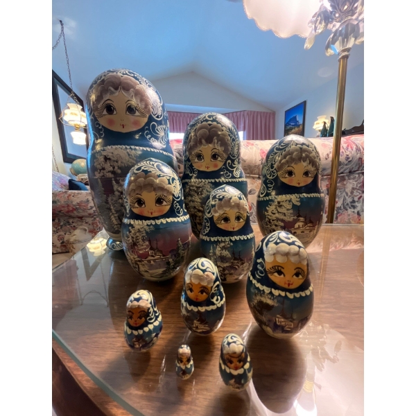 authentic blue hand painted Russian nesting dolls 10 pieces 9” tall . 