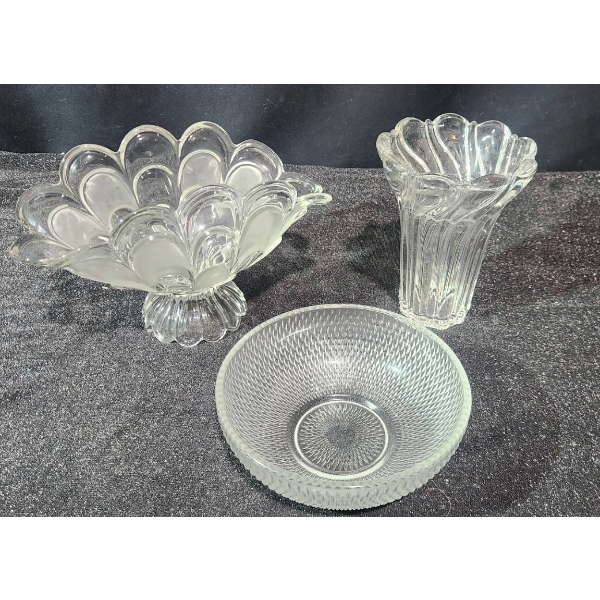 Unique Shaped Glass Pedestal Bowl with Textured Round Bowl and Flared Vase- Very Chic!