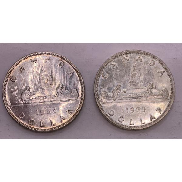 Canadian Silver Dollar 1953 (80% Pure Ag) 23.2g & Canadian Silver Dollar 1959 23.3g (80% Pure Ag)