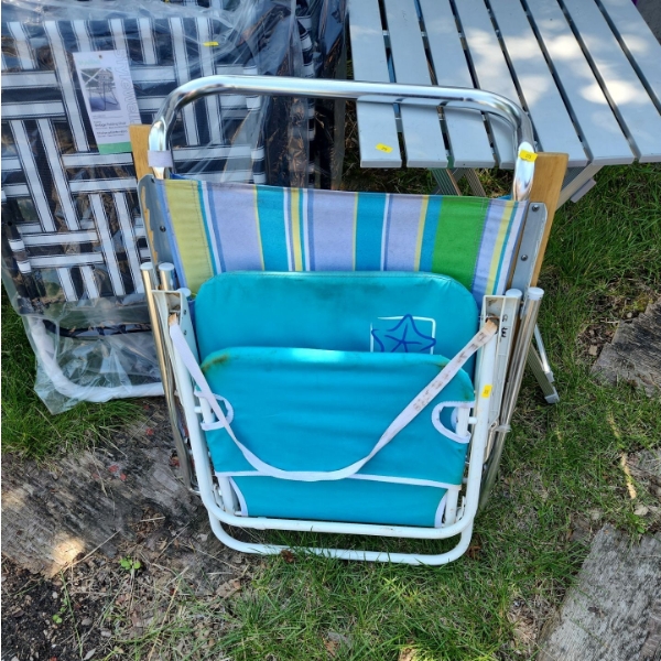 Two Folding Chairs 22 W, 23 D, 31 T, Folding Metal Table 19.5 W, 19.5 D, 25.5 T, Two Beach Chairs