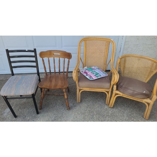 2 Chairs w/ Rattan Backs: Arm Chair 26 W, 21 D, 38 T, Side Chair 25 W, 19 D, 29 T and 2 Extra Chairs