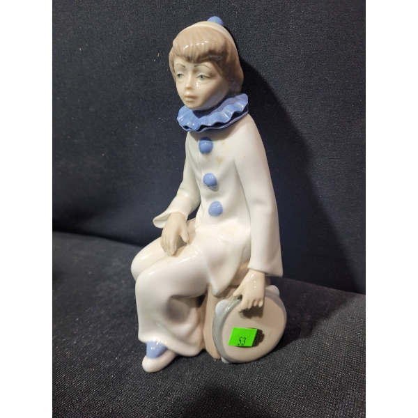 Casades Porcelain Figurine of Seated Pierrot with Hat and Collar