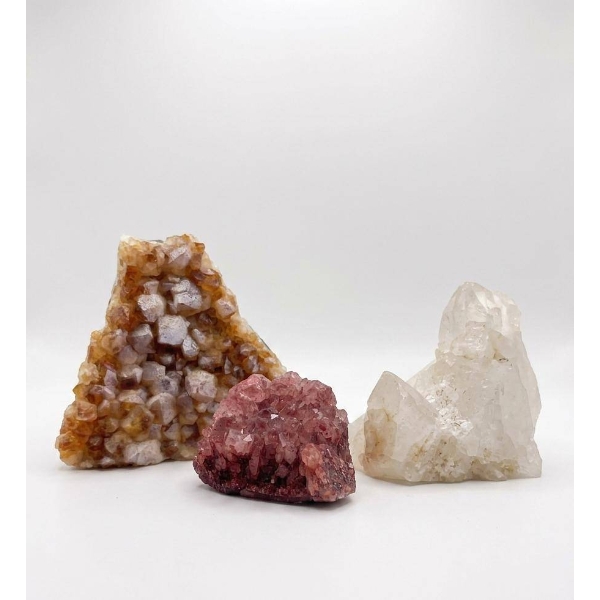 Three Natural Mineral Crystal Specimens - Citrine, Quartz, Red Quartz