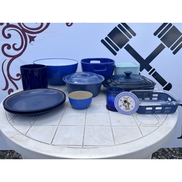 Blue Tableware Lot: Plates, Bowls, Casserole, Glasses