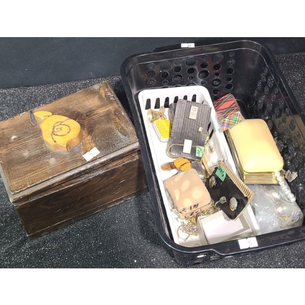 Small Wooden Box w/ Rose Motif, Costume Jewelry and Souvenir Spoons