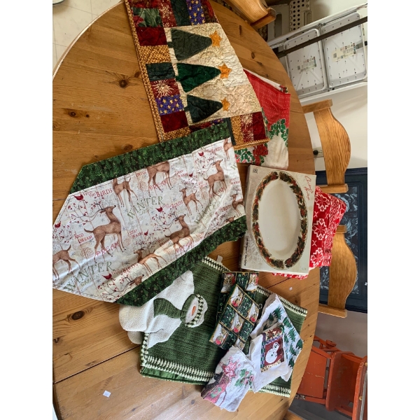 Lot Of Handmade Christmas Decor, Table Runners, serving platter and more