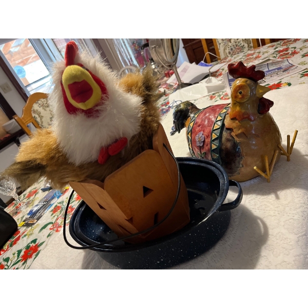  Vintage Roaster pumpkin bucket Roster Hat and Decorative chicken .