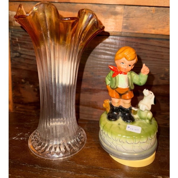 Fenton Diamond Point Columns Swung Vase 12" & Boy With His Dog Hummel Music Box