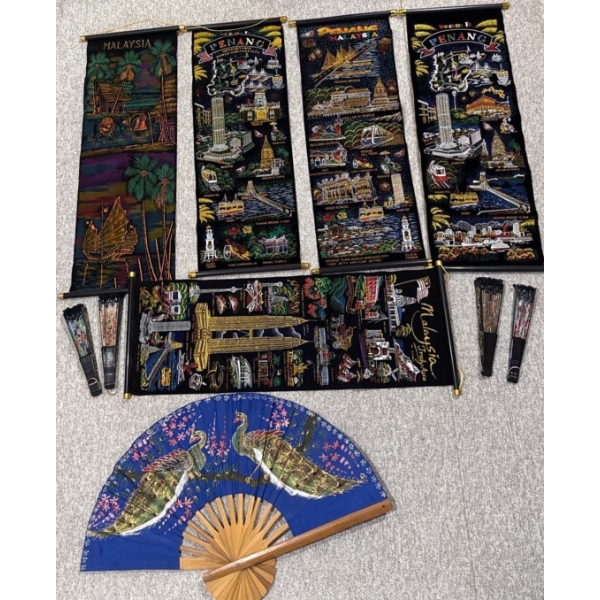 Malaysia + Penang Velvet Painted Scroll Collection w/ Oriental Fans Incl. Hand Painted Large Fan 