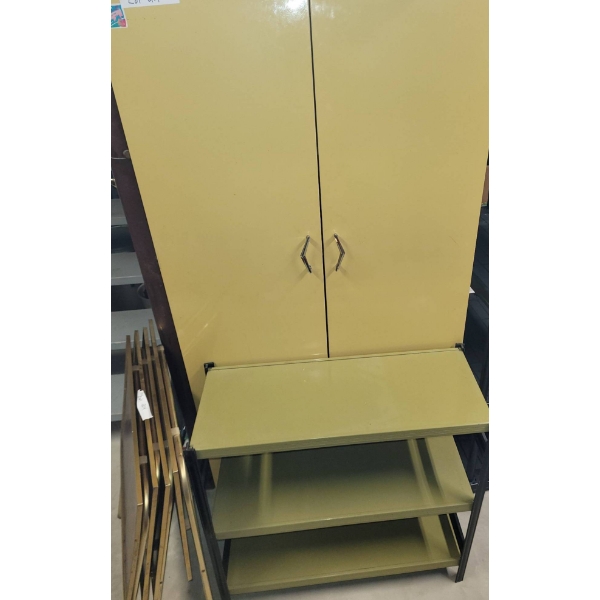 Storage and Furniture Lot with Shelving, Chair, and TV Trays