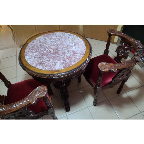 Carved Wood Table with Marble Inlay 32 Diameter Top, 31 T and 2 Chairs 32 T, 22 W, 18 D
