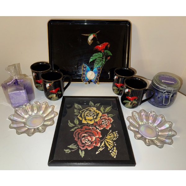 Vintage Otagiri Hummingbird Lacquerware  Tea/Vanity Set (Tray & Mugs) & Candles++