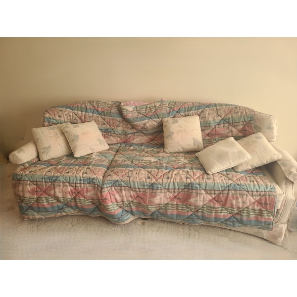 3 Seater Couch w/ Floral Upholstery 87 W, 31 D, 28 T, Includes Duvet as Shown