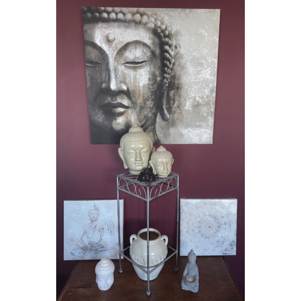 Buddah Galore - Silver End Table Pottery Urn Art Prints On Canvas & Buddah Buddah Buddah 