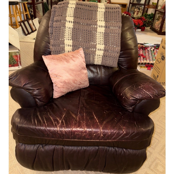 Well Loved Genuine Leather Reclining Swivel Rocker w/ Handmade Afgan & More 40T