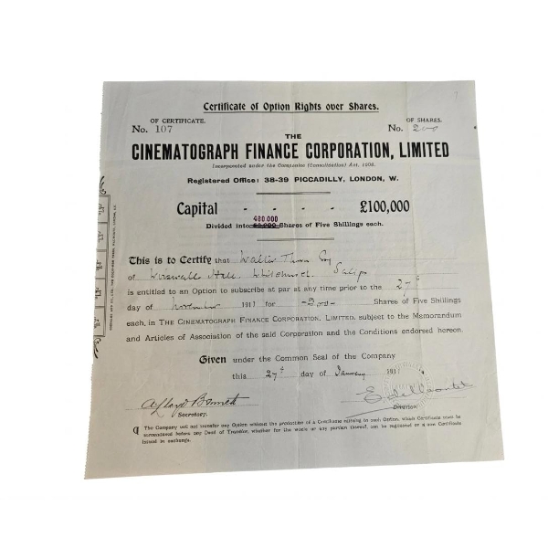 Vintage Stock Option Certificate From 1911 Issued By The Cinematograph Finance Corporation, Limited 