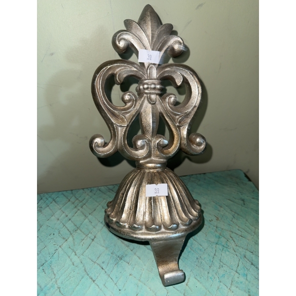 Decorative Wall Mirror, Blue Embossed Tin Panel, and Cast Metal Wall Hook