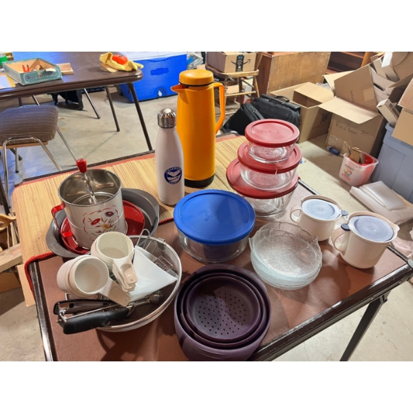 Great grandmas flower swifter, kitchen gadgets, glass bowls with lids and more 
