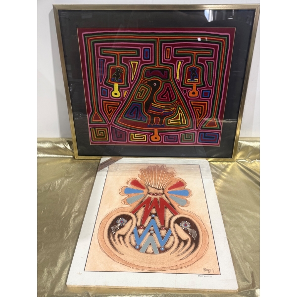 Framed Multicolored Textile Artwork and Decorative Watercolor Print