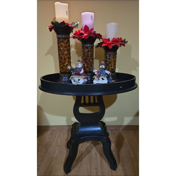 Musical Themed Black Stand w/ Holiday Themed Decor (Candle Holders, Santas) 24W, 16D, 25T  