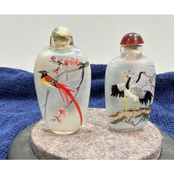 Glass Hand Painted Birds Snuff Bottles 2.75H & 3H