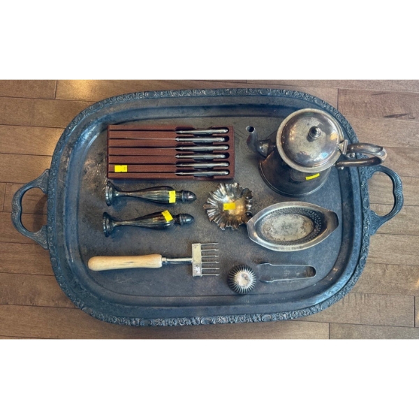 Kitchenware Including Stainless Sheffield Knives, Large Tray, EP Lead Salt and Pepper Shakers & More
