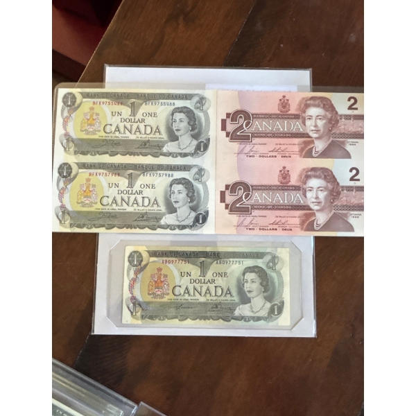 Uncut 1973 1$ Bills And 1986 2$ bill With Sceans Of canada 1$ Bill 