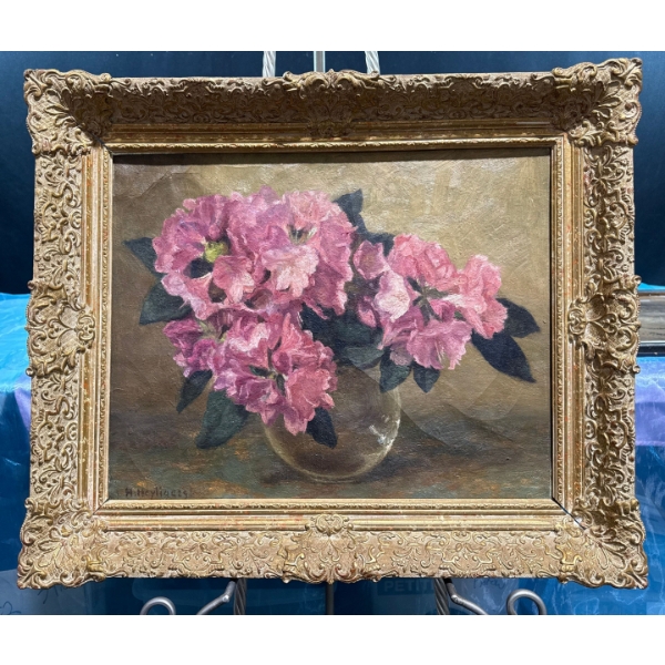 M Hieyliaezs (?) Original Work Pink Flowers in Vase 19W x15.5T