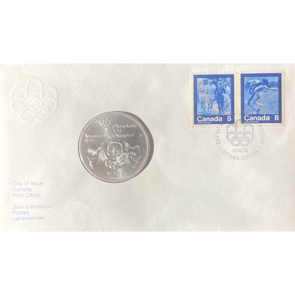 1976 Day of Issue Montreal Olympic Coin & Stamp 92.5% Silver 48.6 Grams