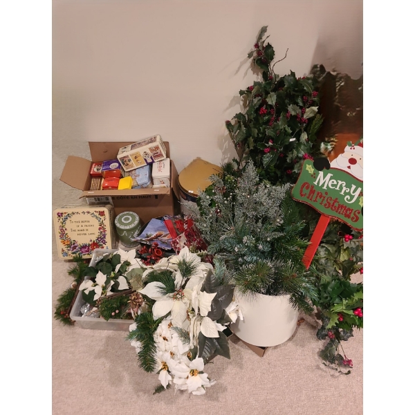 Holiday Decor: Wooden Sign on Stake 11.5 X 32, Resin Santa 16 T, Gift Bags, Floral and More!  