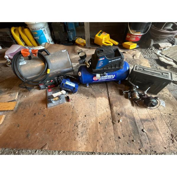 40,000 BTU heater a small 100 max PSA air, compressor vintage ammo case and two vintage fishing reel