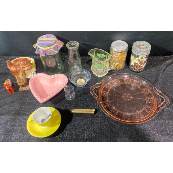 Depression Glass Platter and A Bunch of Other Trinkets and Vessels