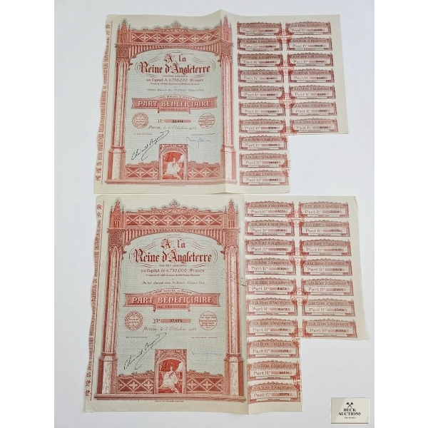 Vintage "Ala Reine D'Angleterre" French Stock Certificates Or Beneficiary Shares.