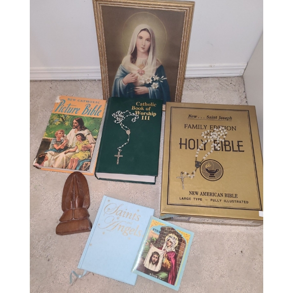 Religious Books, Rosaries and Carved Wooden Praying Hands