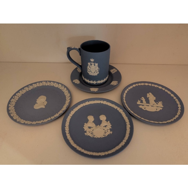Wedgwood Jasperware Blue Stein &Â  Saucer w/ 3 Decorative PlatesÂ 