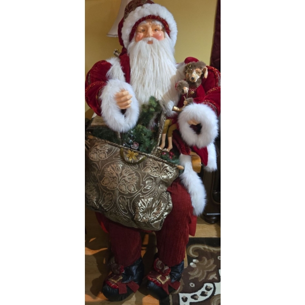 Larger Than Life Santa in Suit on a Rocking Chair w/ a Bag of Gifts & a Dressed up Dog - 60T